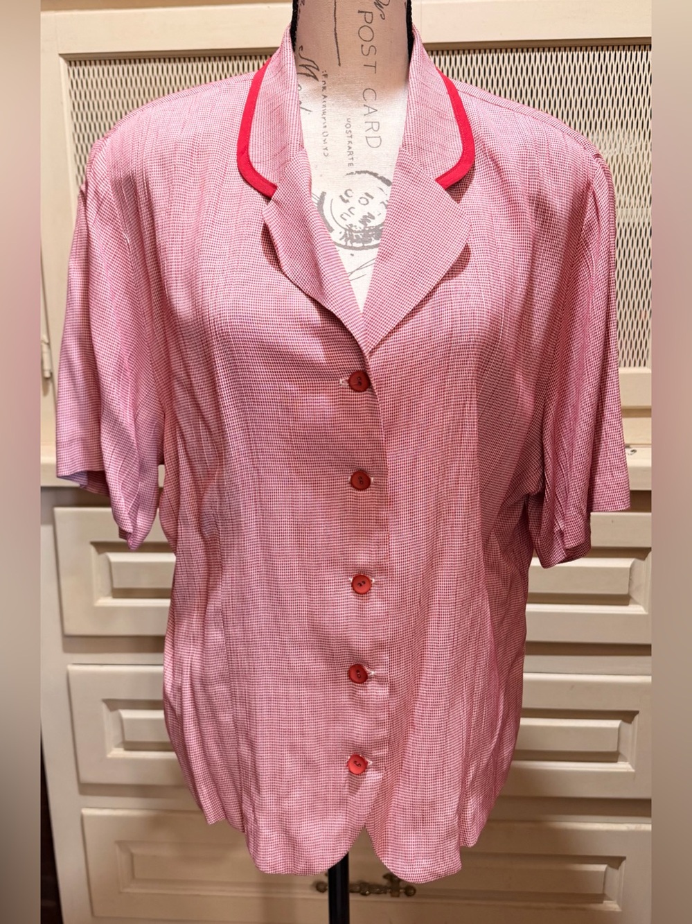 VTG 90s August Max Woman Red Houndstooth Short Sleeve Blouse
